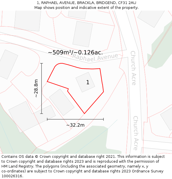 1, RAPHAEL AVENUE, BRACKLA, BRIDGEND, CF31 2AU: Plot and title map