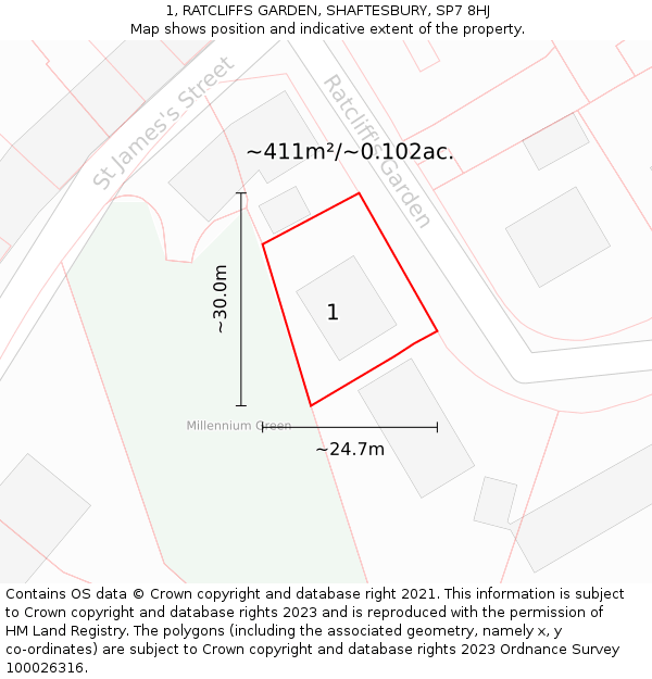 1, RATCLIFFS GARDEN, SHAFTESBURY, SP7 8HJ: Plot and title map