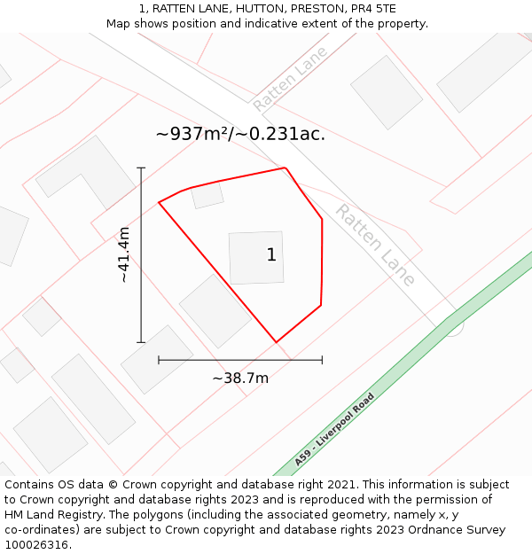 1, RATTEN LANE, HUTTON, PRESTON, PR4 5TE: Plot and title map