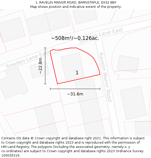 1, RAVELIN MANOR ROAD, BARNSTAPLE, EX32 8BY: Plot and title map