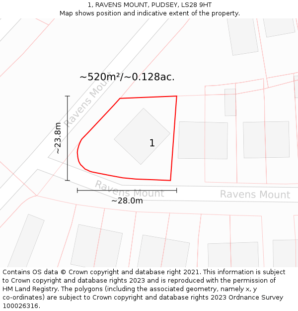 1, RAVENS MOUNT, PUDSEY, LS28 9HT: Plot and title map