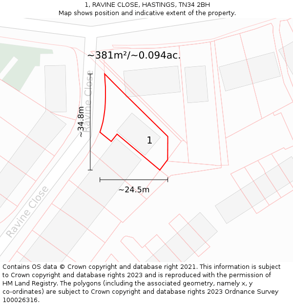 1, RAVINE CLOSE, HASTINGS, TN34 2BH: Plot and title map