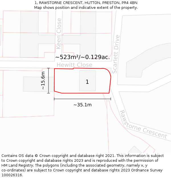 1, RAWSTORNE CRESCENT, HUTTON, PRESTON, PR4 4BN: Plot and title map
