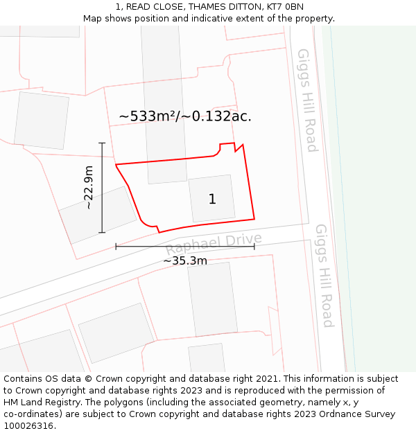 1, READ CLOSE, THAMES DITTON, KT7 0BN: Plot and title map