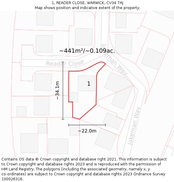 1, READER CLOSE, WARWICK, CV34 7AJ: Plot and title map
