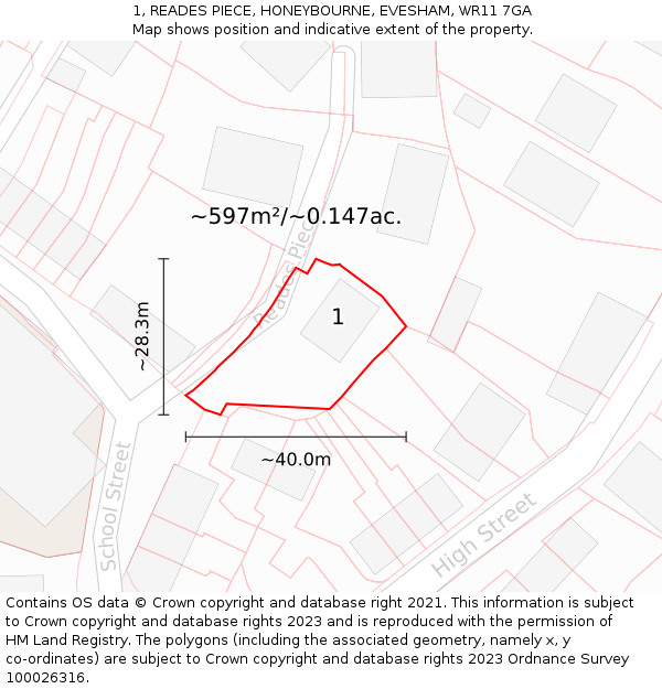 1, READES PIECE, HONEYBOURNE, EVESHAM, WR11 7GA: Plot and title map