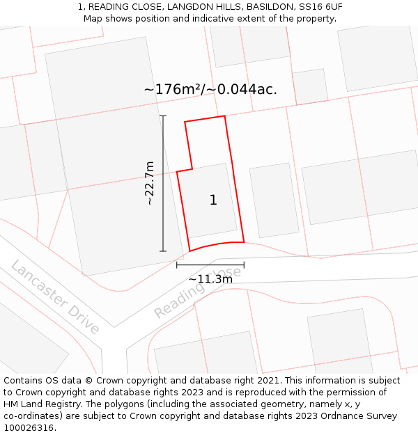 1, READING CLOSE, LANGDON HILLS, BASILDON, SS16 6UF: Plot and title map