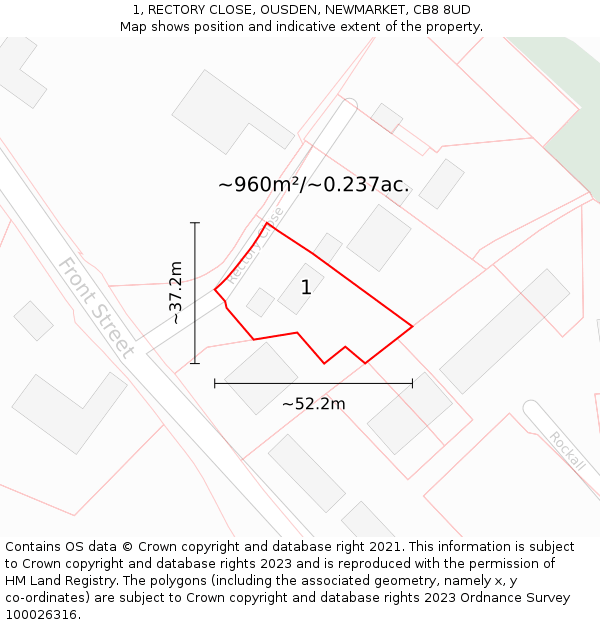 1, RECTORY CLOSE, OUSDEN, NEWMARKET, CB8 8UD: Plot and title map