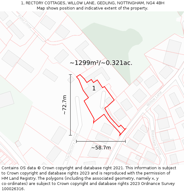 1, RECTORY COTTAGES, WILLOW LANE, GEDLING, NOTTINGHAM, NG4 4BH: Plot and title map
