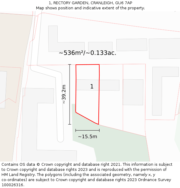 1, RECTORY GARDEN, CRANLEIGH, GU6 7AP: Plot and title map