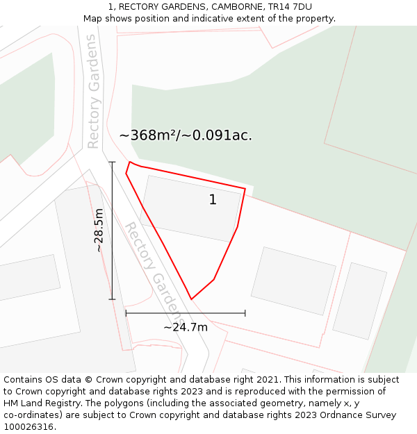 1, RECTORY GARDENS, CAMBORNE, TR14 7DU: Plot and title map