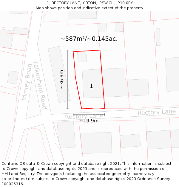 1, RECTORY LANE, KIRTON, IPSWICH, IP10 0PY: Plot and title map