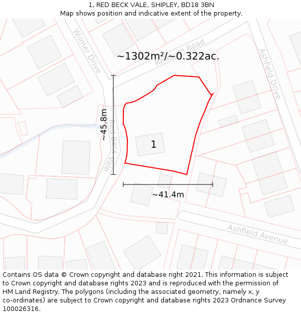 1, RED BECK VALE, SHIPLEY, BD18 3BN: Plot and title map