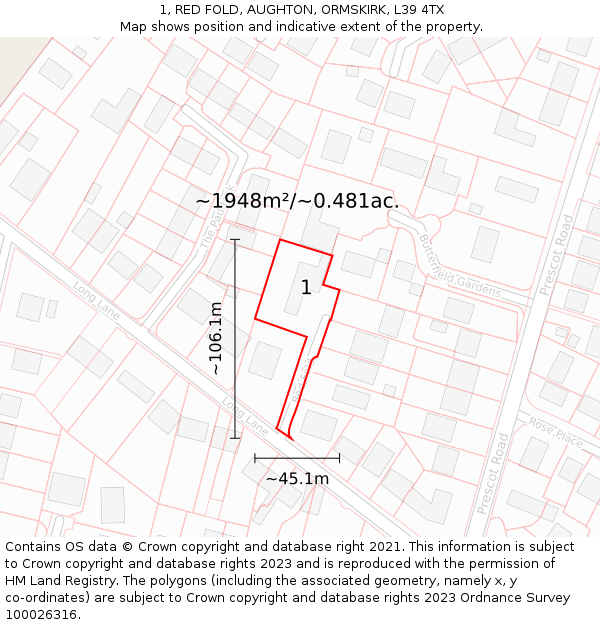 1, RED FOLD, AUGHTON, ORMSKIRK, L39 4TX: Plot and title map
