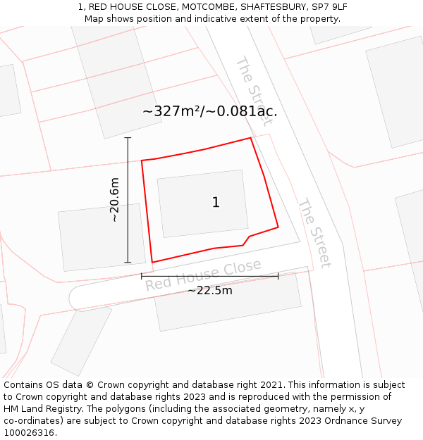 1, RED HOUSE CLOSE, MOTCOMBE, SHAFTESBURY, SP7 9LF: Plot and title map
