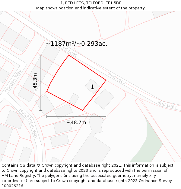 1, RED LEES, TELFORD, TF1 5DE: Plot and title map