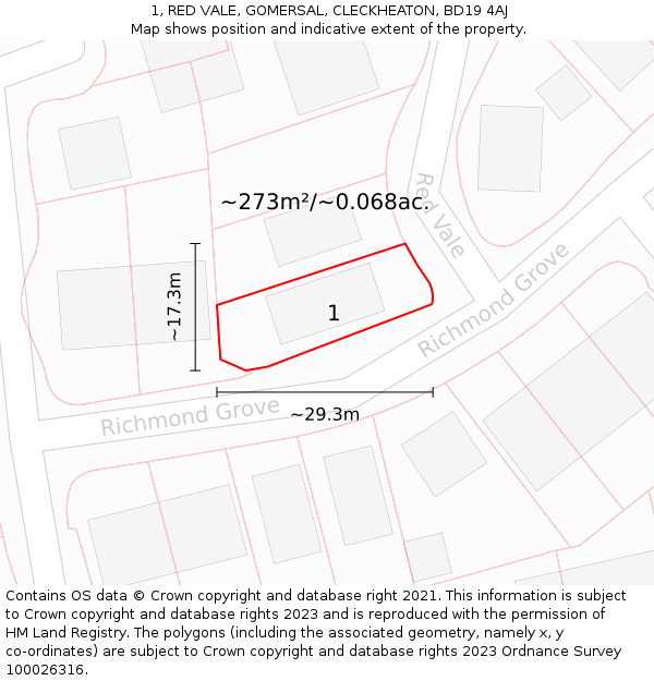 1, RED VALE, GOMERSAL, CLECKHEATON, BD19 4AJ: Plot and title map