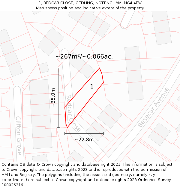 1, REDCAR CLOSE, GEDLING, NOTTINGHAM, NG4 4EW: Plot and title map