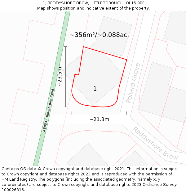 1, REDDYSHORE BROW, LITTLEBOROUGH, OL15 9PF: Plot and title map