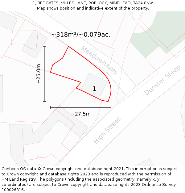 1, REDGATES, VILLES LANE, PORLOCK, MINEHEAD, TA24 8NW: Plot and title map
