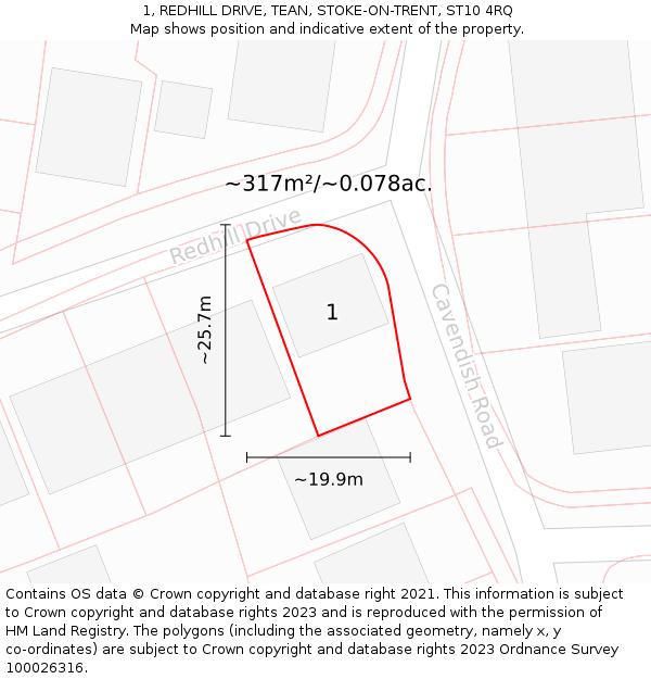 1, REDHILL DRIVE, TEAN, STOKE-ON-TRENT, ST10 4RQ: Plot and title map