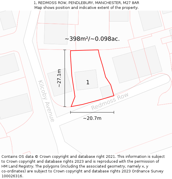 1, REDMOSS ROW, PENDLEBURY, MANCHESTER, M27 8AR: Plot and title map