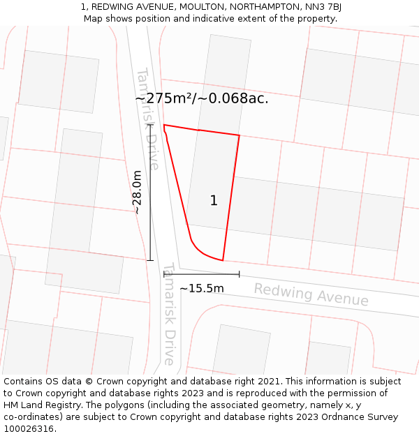1, REDWING AVENUE, MOULTON, NORTHAMPTON, NN3 7BJ: Plot and title map