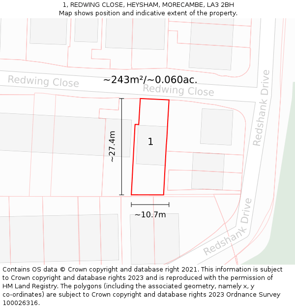 1, REDWING CLOSE, HEYSHAM, MORECAMBE, LA3 2BH: Plot and title map