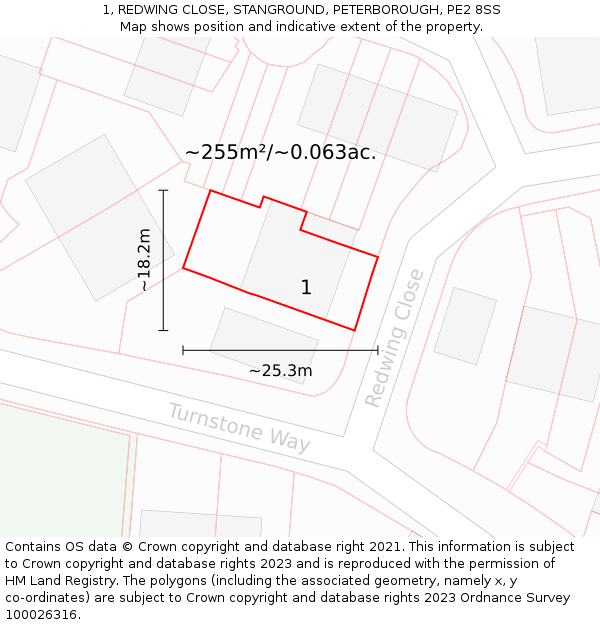 1, REDWING CLOSE, STANGROUND, PETERBOROUGH, PE2 8SS: Plot and title map