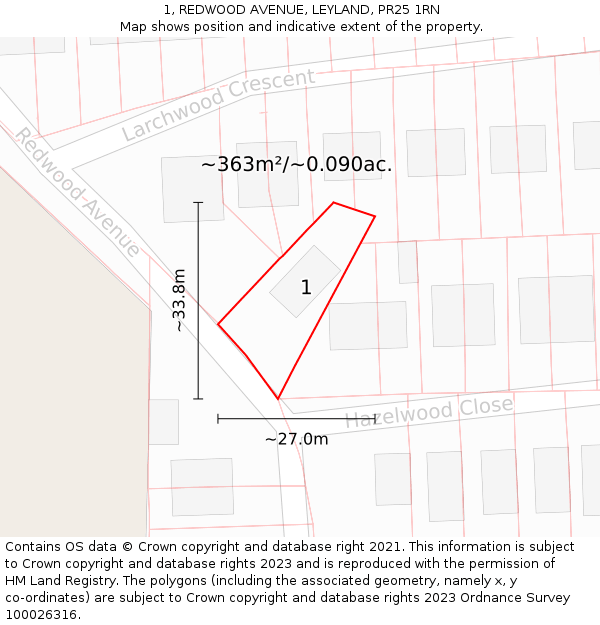 1, REDWOOD AVENUE, LEYLAND, PR25 1RN: Plot and title map