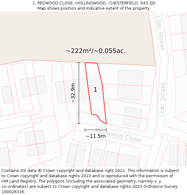 1, REDWOOD CLOSE, HOLLINGWOOD, CHESTERFIELD, S43 2JS: Plot and title map