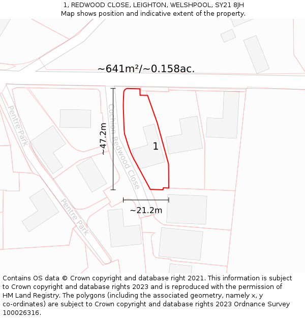 1, REDWOOD CLOSE, LEIGHTON, WELSHPOOL, SY21 8JH: Plot and title map