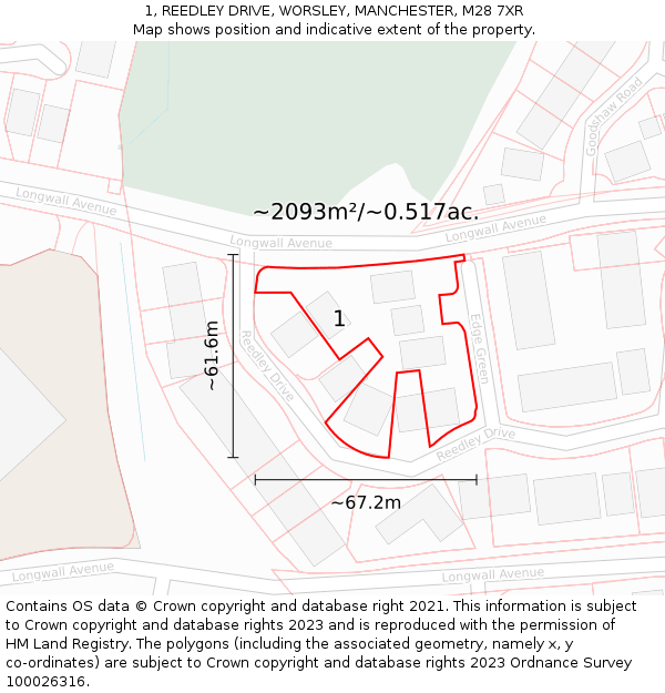 1, REEDLEY DRIVE, WORSLEY, MANCHESTER, M28 7XR: Plot and title map
