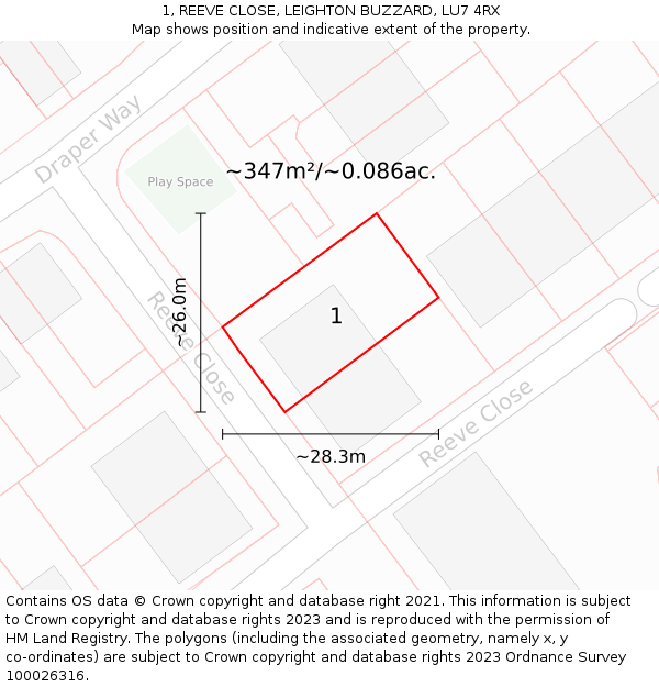 1, REEVE CLOSE, LEIGHTON BUZZARD, LU7 4RX: Plot and title map