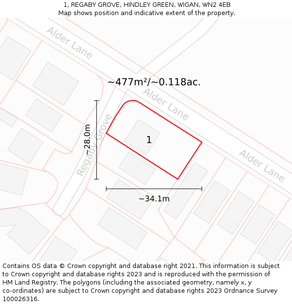 1, REGABY GROVE, HINDLEY GREEN, WIGAN, WN2 4EB: Plot and title map
