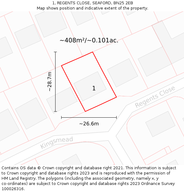 1, REGENTS CLOSE, SEAFORD, BN25 2EB: Plot and title map