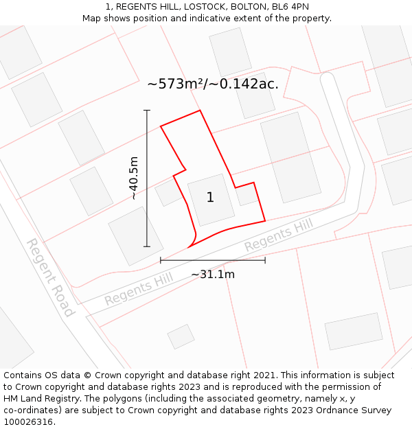1, REGENTS HILL, LOSTOCK, BOLTON, BL6 4PN: Plot and title map