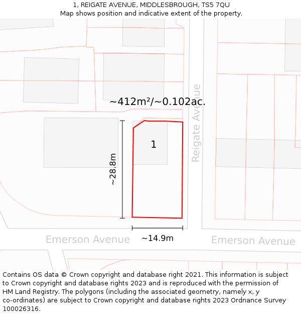 1, REIGATE AVENUE, MIDDLESBROUGH, TS5 7QU: Plot and title map