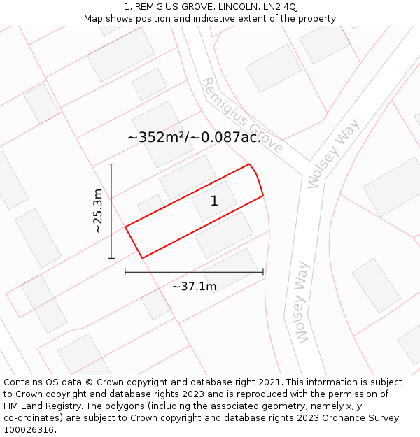 1, REMIGIUS GROVE, LINCOLN, LN2 4QJ: Plot and title map