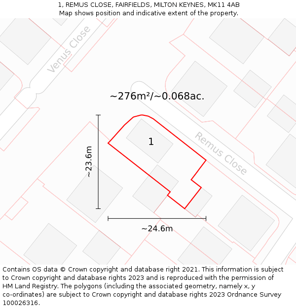 1, REMUS CLOSE, FAIRFIELDS, MILTON KEYNES, MK11 4AB: Plot and title map