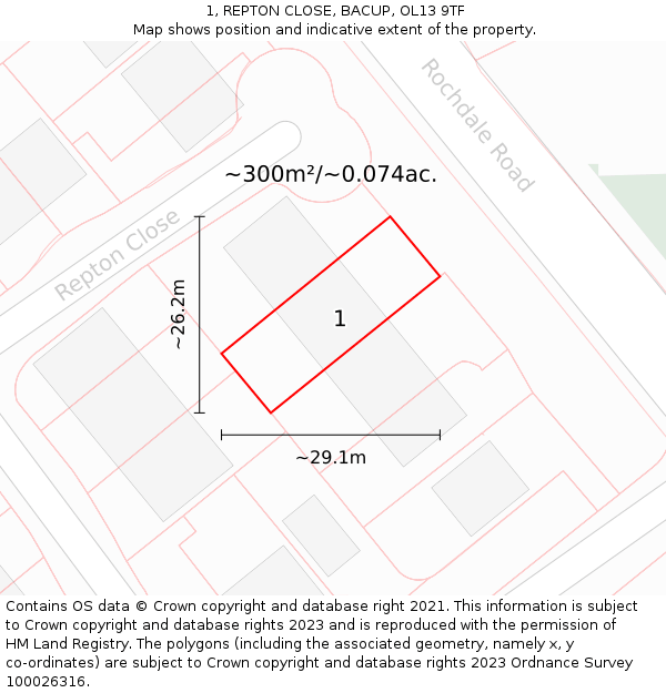 1, REPTON CLOSE, BACUP, OL13 9TF: Plot and title map