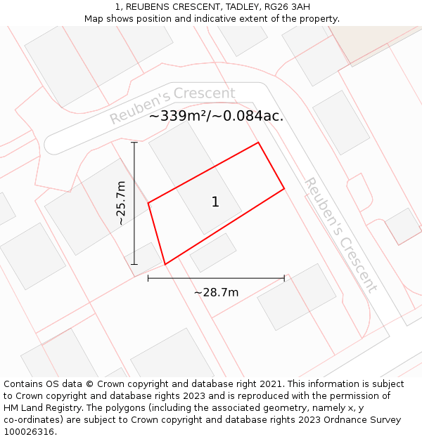 1, REUBENS CRESCENT, TADLEY, RG26 3AH: Plot and title map
