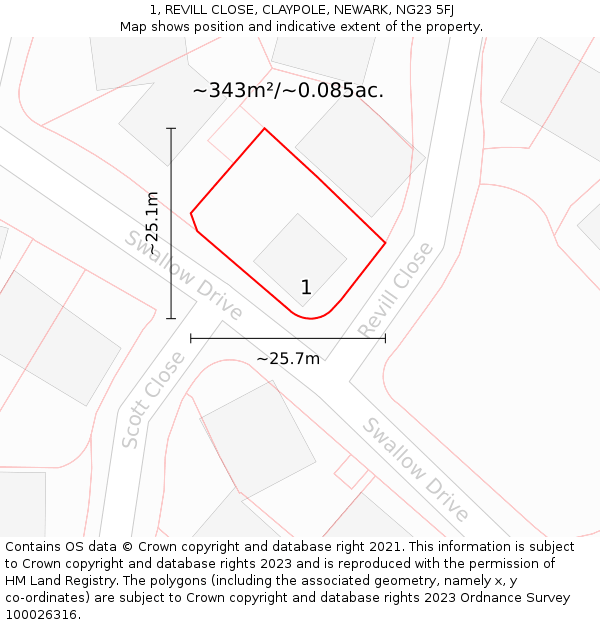 1, REVILL CLOSE, CLAYPOLE, NEWARK, NG23 5FJ: Plot and title map