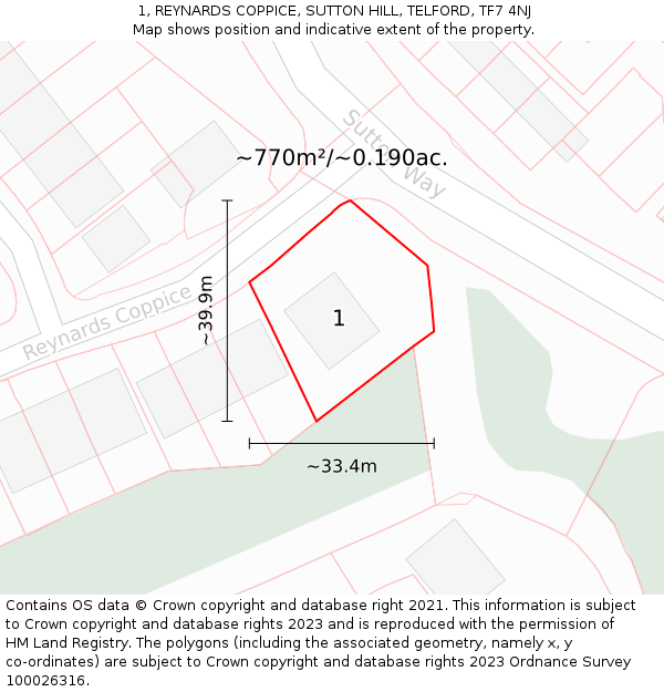 1, REYNARDS COPPICE, SUTTON HILL, TELFORD, TF7 4NJ: Plot and title map