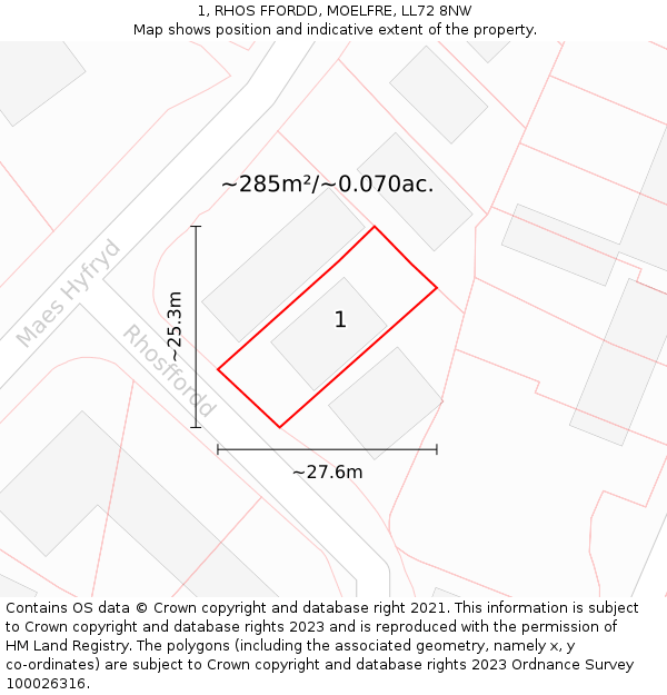 1, RHOS FFORDD, MOELFRE, LL72 8NW: Plot and title map