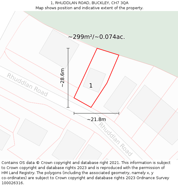 1, RHUDDLAN ROAD, BUCKLEY, CH7 3QA: Plot and title map