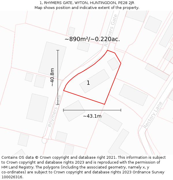 1, RHYMERS GATE, WYTON, HUNTINGDON, PE28 2JR: Plot and title map