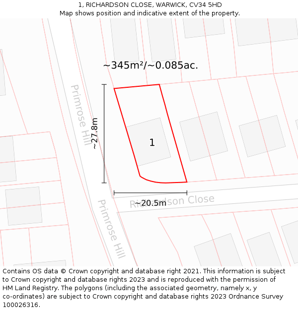 1, RICHARDSON CLOSE, WARWICK, CV34 5HD: Plot and title map