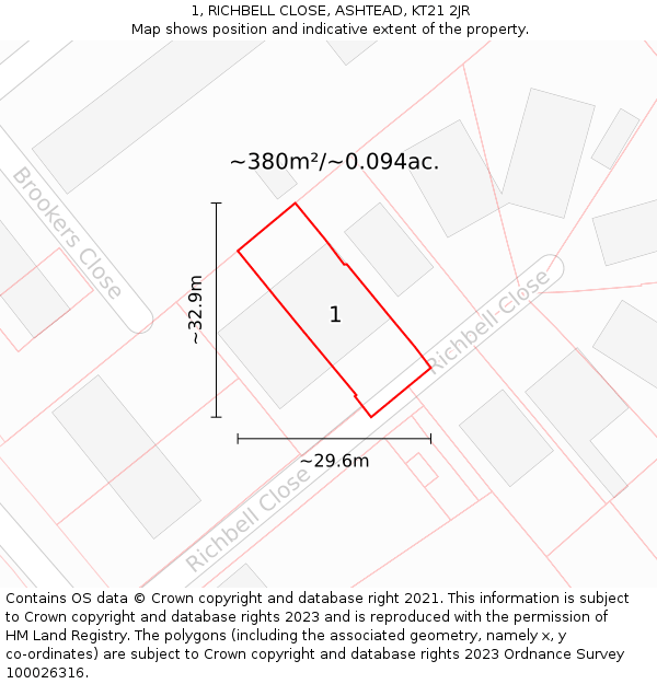 1, RICHBELL CLOSE, ASHTEAD, KT21 2JR: Plot and title map