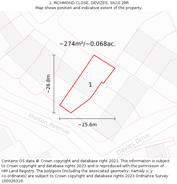 1, RICHMOND CLOSE, DEVIZES, SN10 2RR: Plot and title map